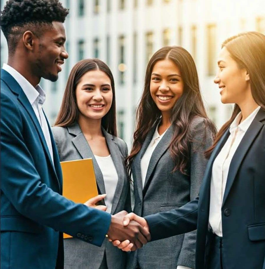 four people standing outside and a man and a woman shaking hands