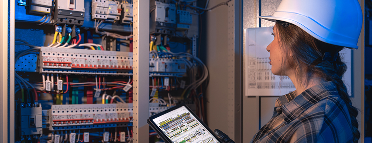 female electrician looking at a wiring box