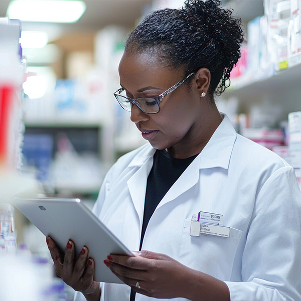 Pharmacy Technician looking at a tablet
